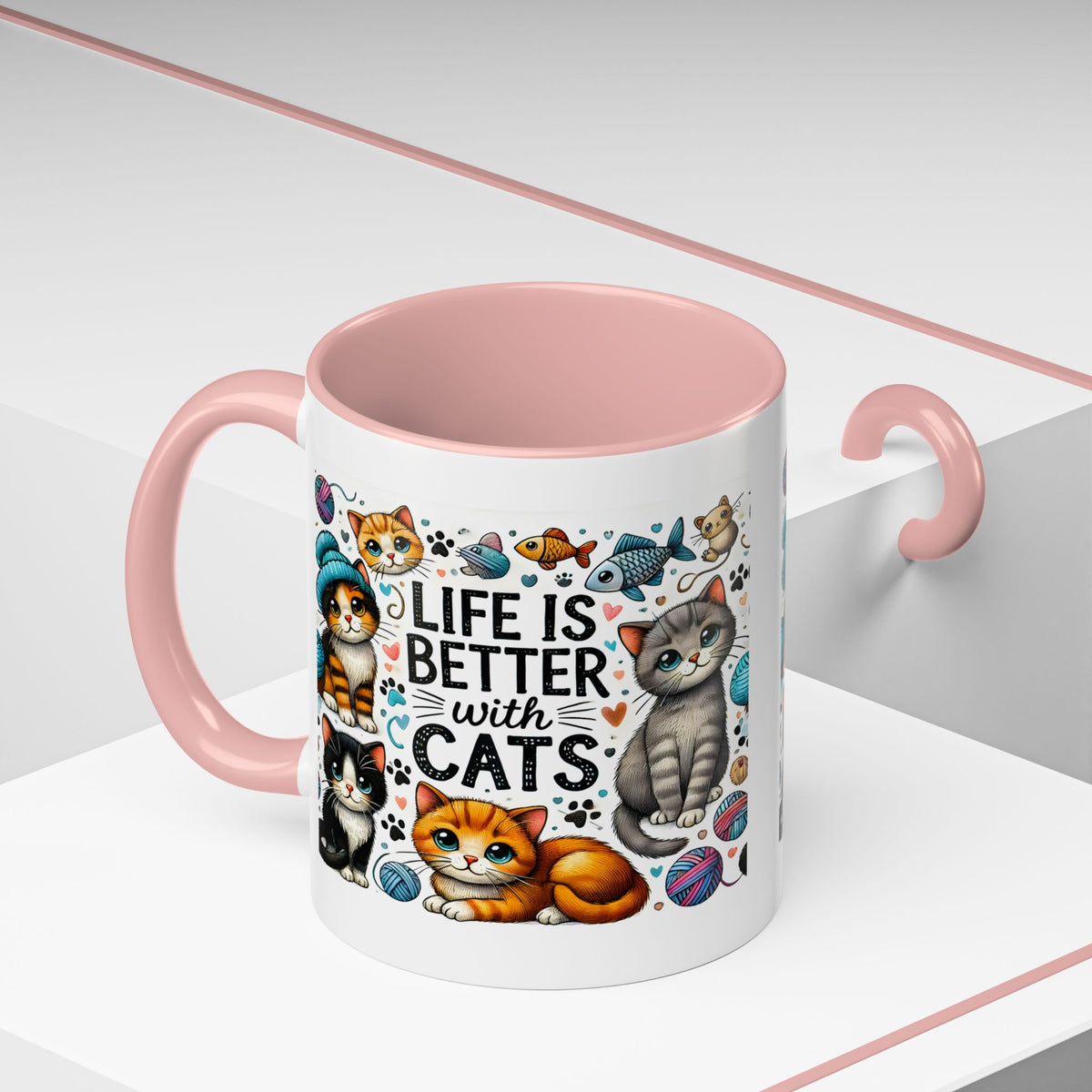 Life Is Better With Cats Accent Coffee Mug – Cute Kitten Ceramic Tea Cup (11/15oz)