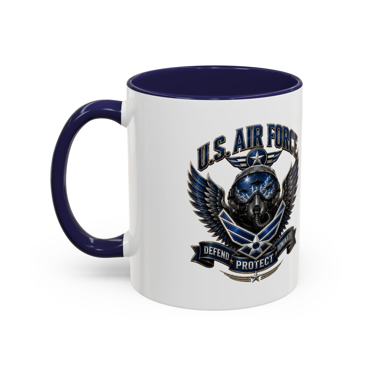 U.S. Air Force Emblem Accent Coffee Mug — Defend Protect Dominate (11/15oz)