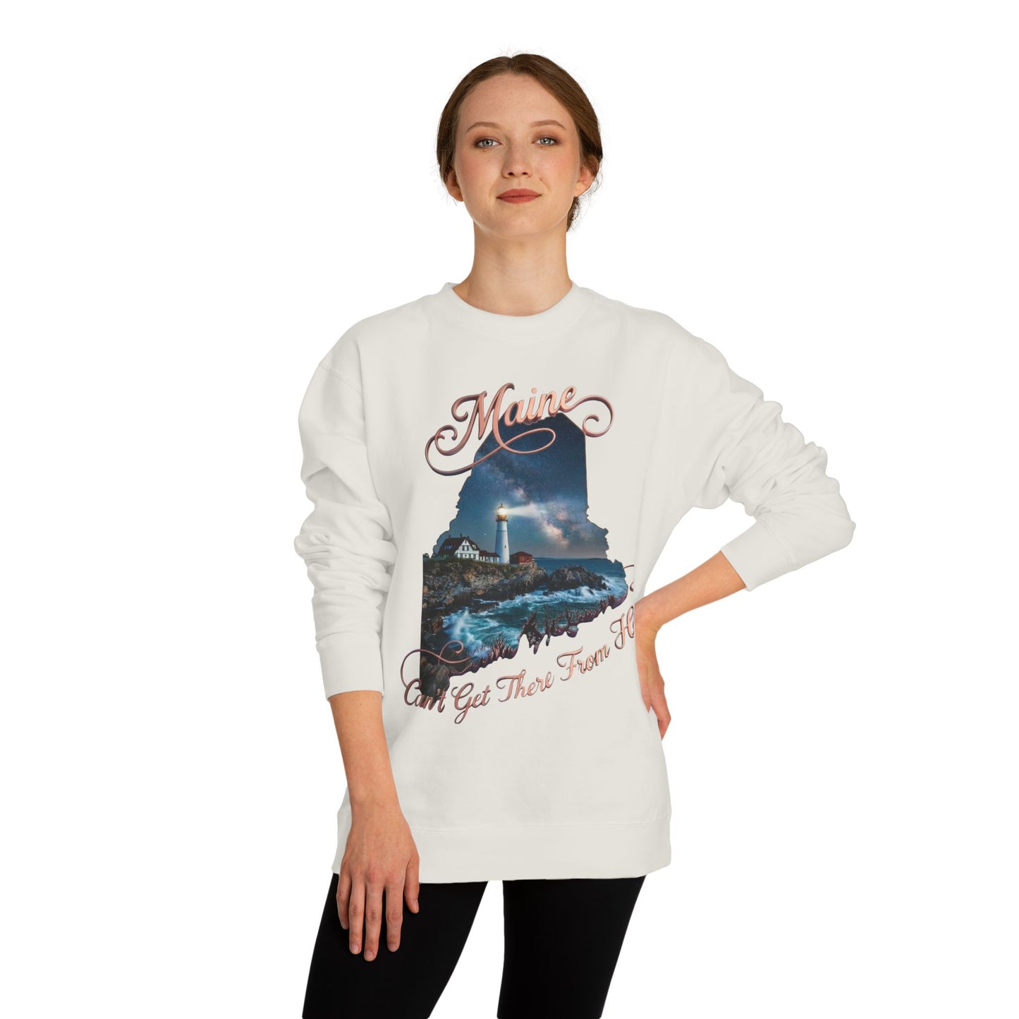 Maine Lighthouse Crewneck Sweatshirt — "Can't Get There From Here" Coastal Graphic