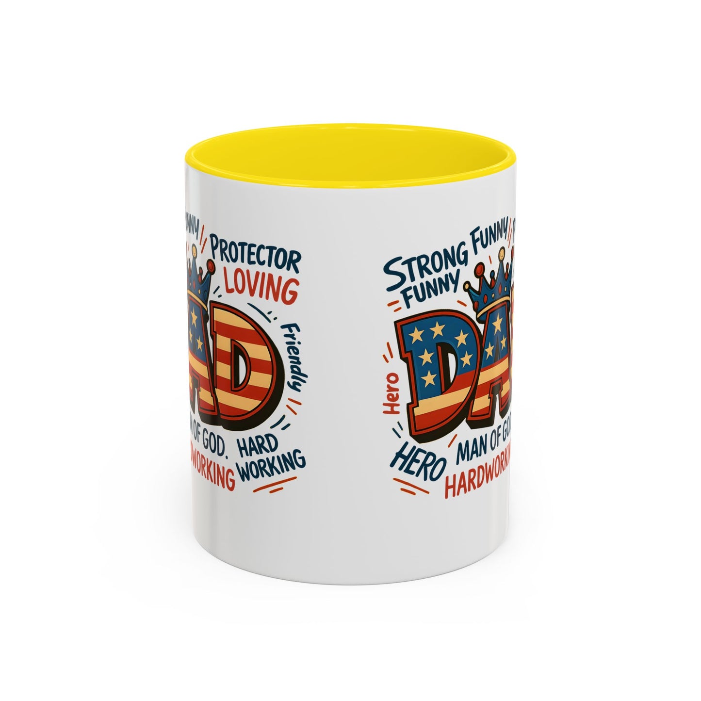 Dad Coffee Mug — Patriotic "DAD" Design with Loving, Hardworking, Protector Keywords (11/15oz Accent Mug)