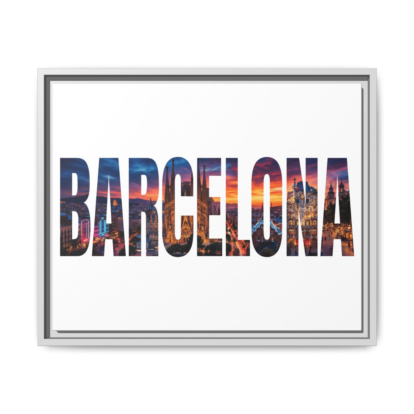 Barcelona Photo-Text Matte Canvas Print — Framed Cityscape Wall Art