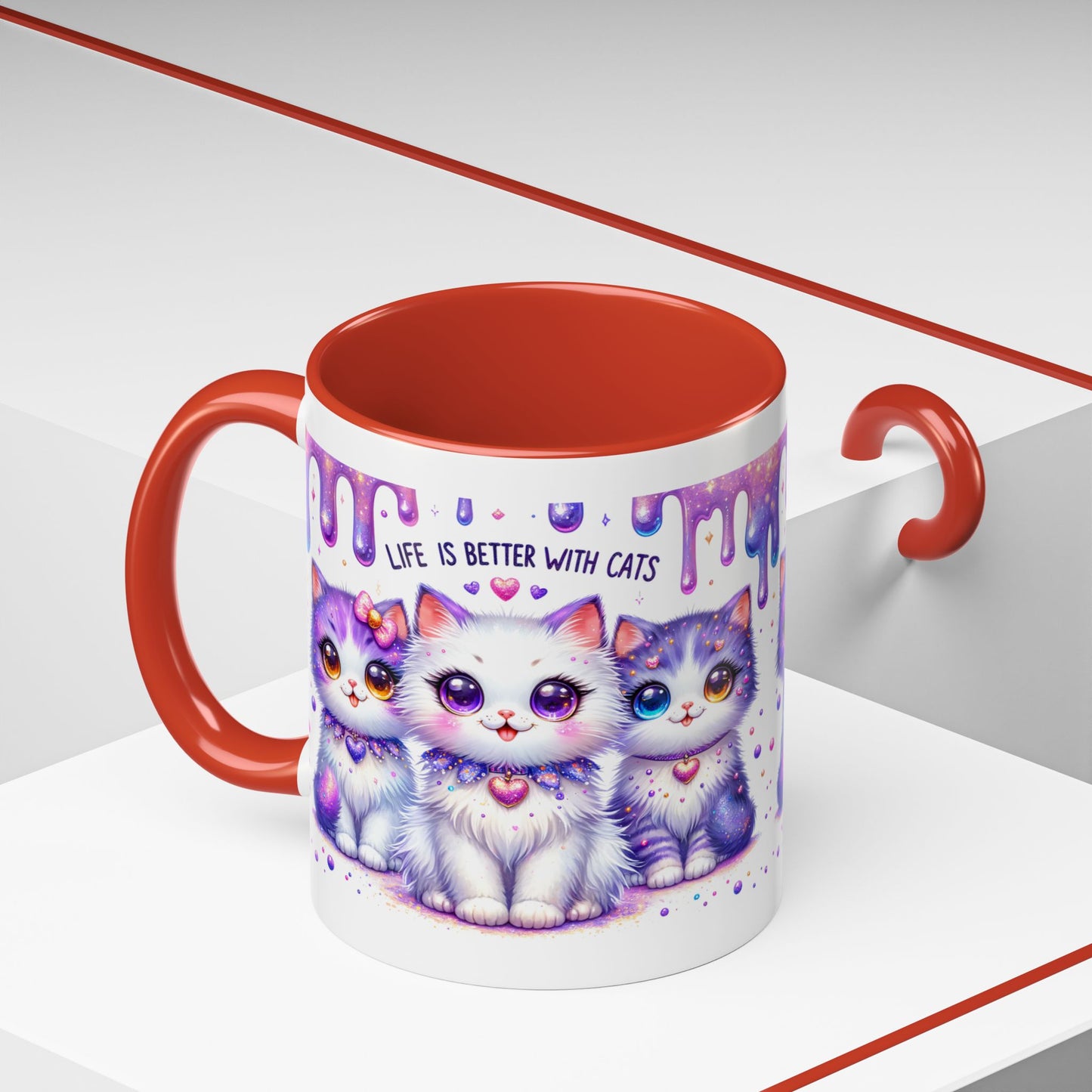 Cute Purple Kawaii Cats Accent Coffee Mug – "Life Is Better With Cats" (11/15 oz)