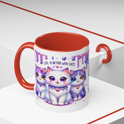 Cute Purple Kawaii Cats Accent Coffee Mug – "Life Is Better With Cats" (11/15 oz)