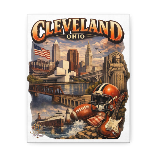 Cleveland Ohio Vintage Collage Stretched Canvas — Rock & Football City Skyline Wall Art