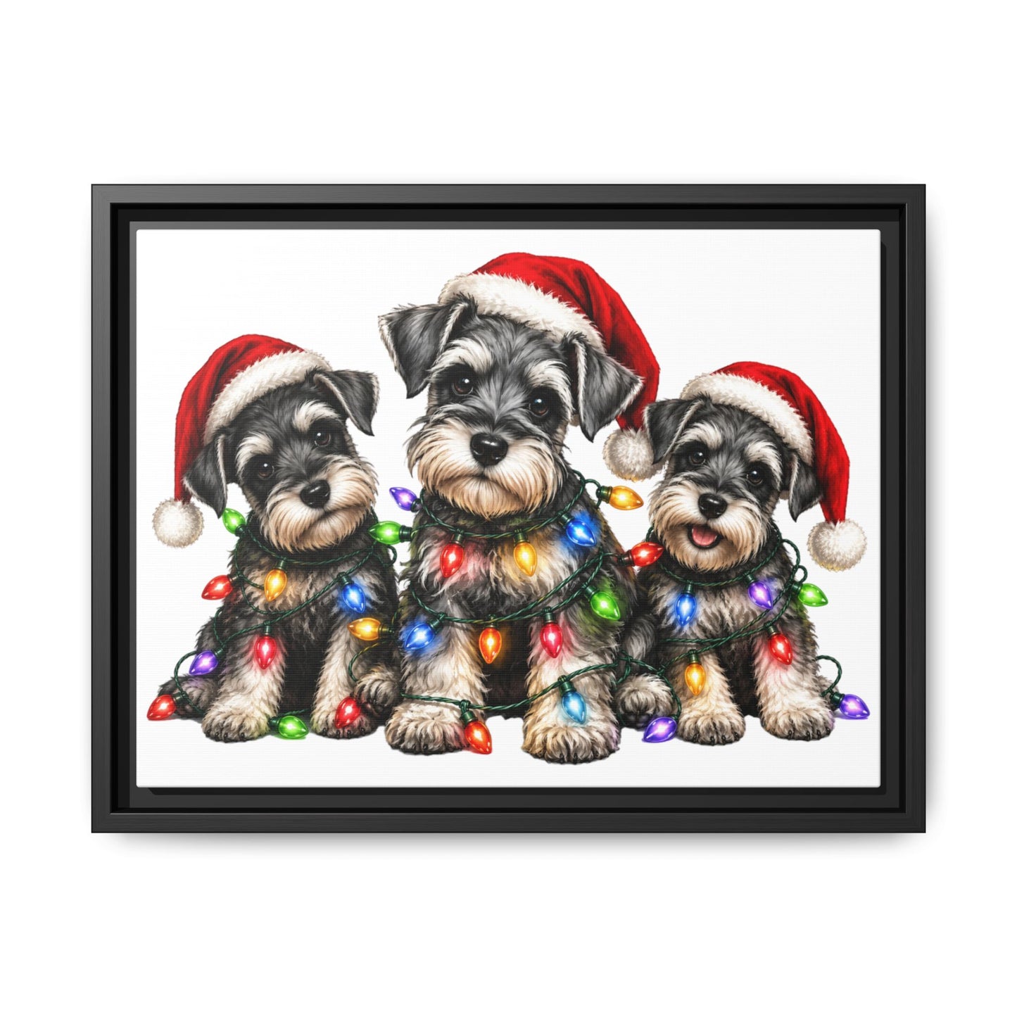 Christmas Schnauzer Canvas Print — Festive Puppies in Santa Hats (Matte Framed)