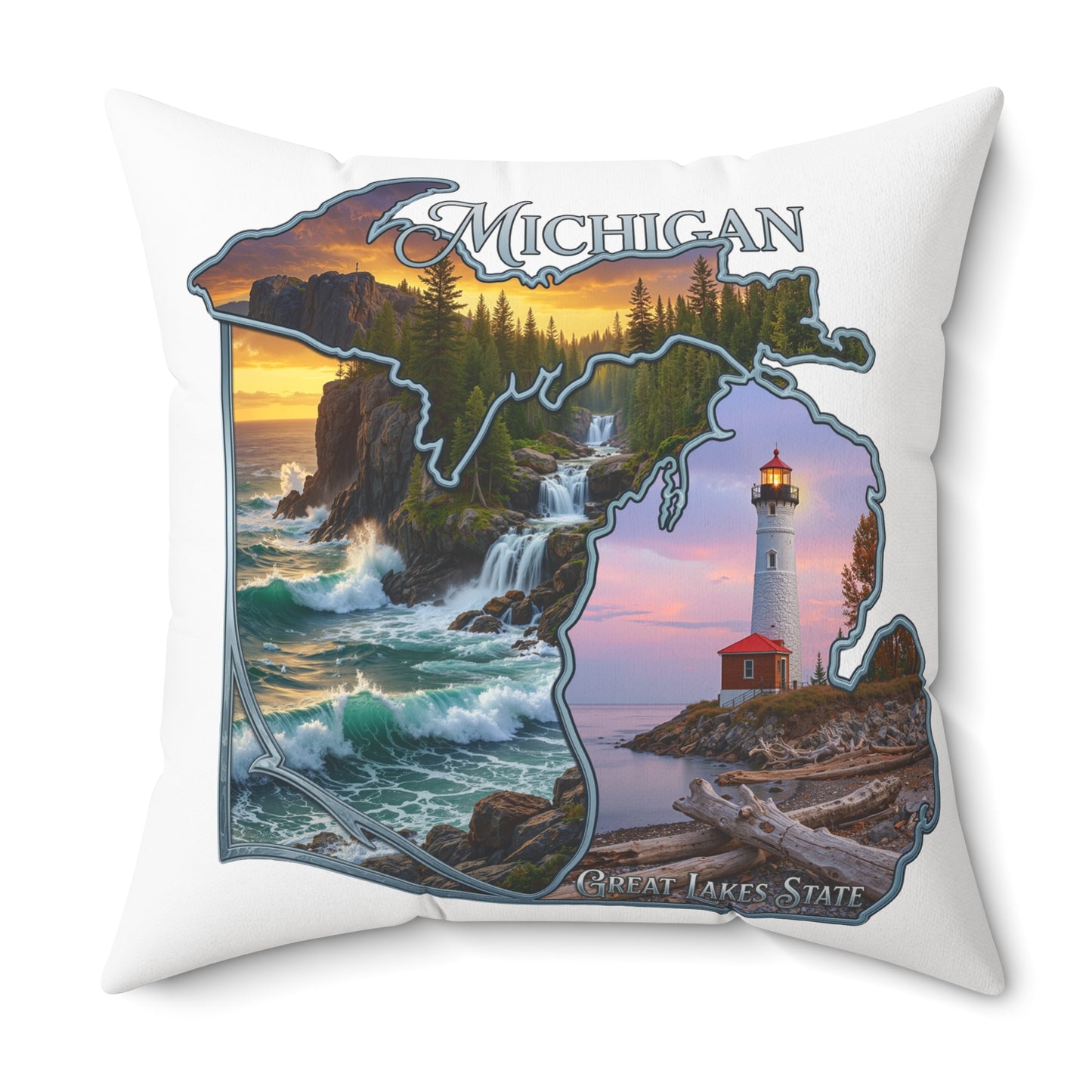 Michigan Lighthouse Decorative Pillow — Great Lakes Scenic State Home Accent