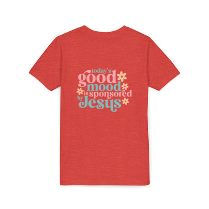 Youth Tee – "Today's Good Mood is Sponsored by Jesus" Retro Floral Christian Shirt