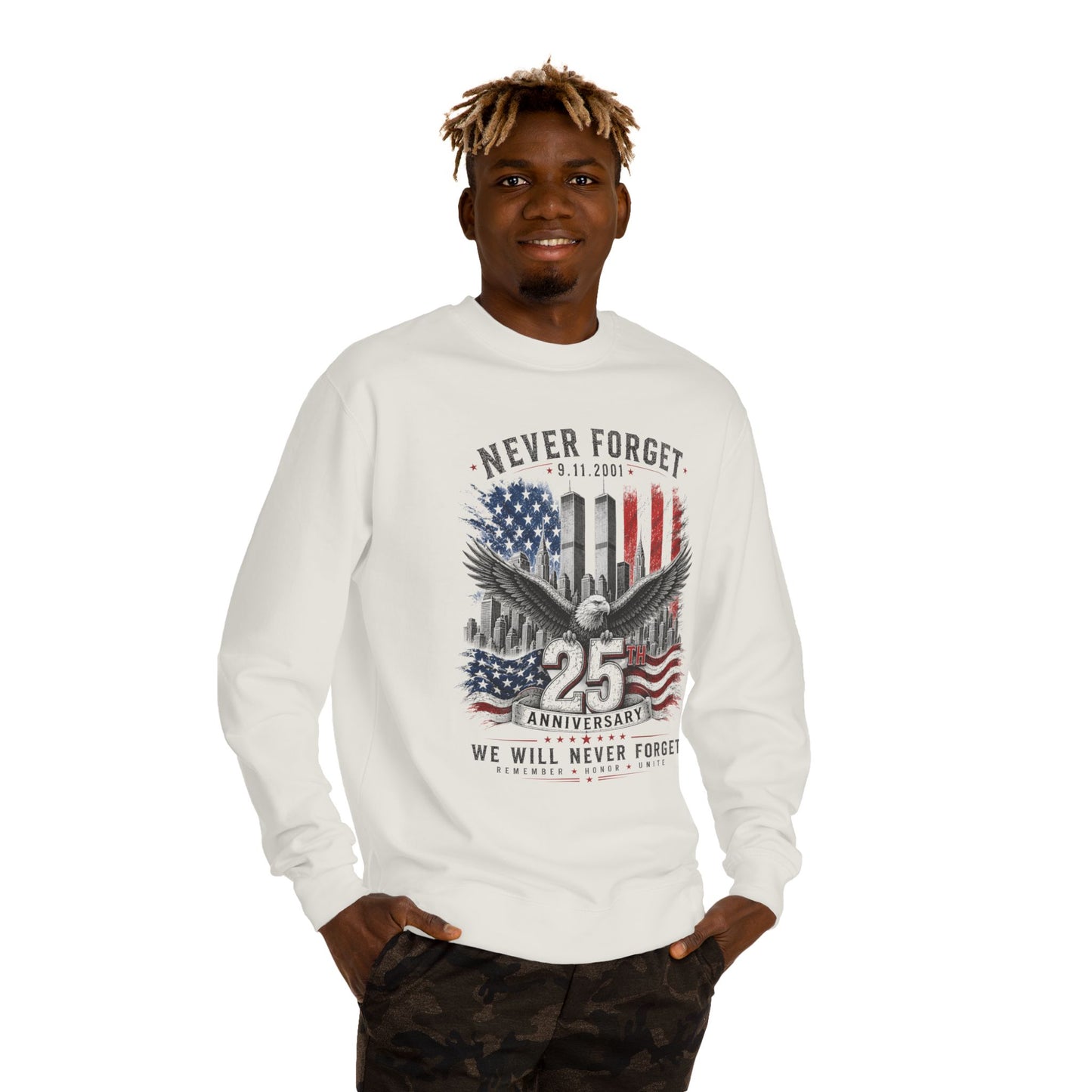 Never Forget 9/11 25th Anniversary Sweatshirt — Patriotic Memorial Crewneck