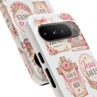 Christian Phone Case — Jesus Saves Floral Tough Case with 'God Is Within Her' & 'Trust God' Design