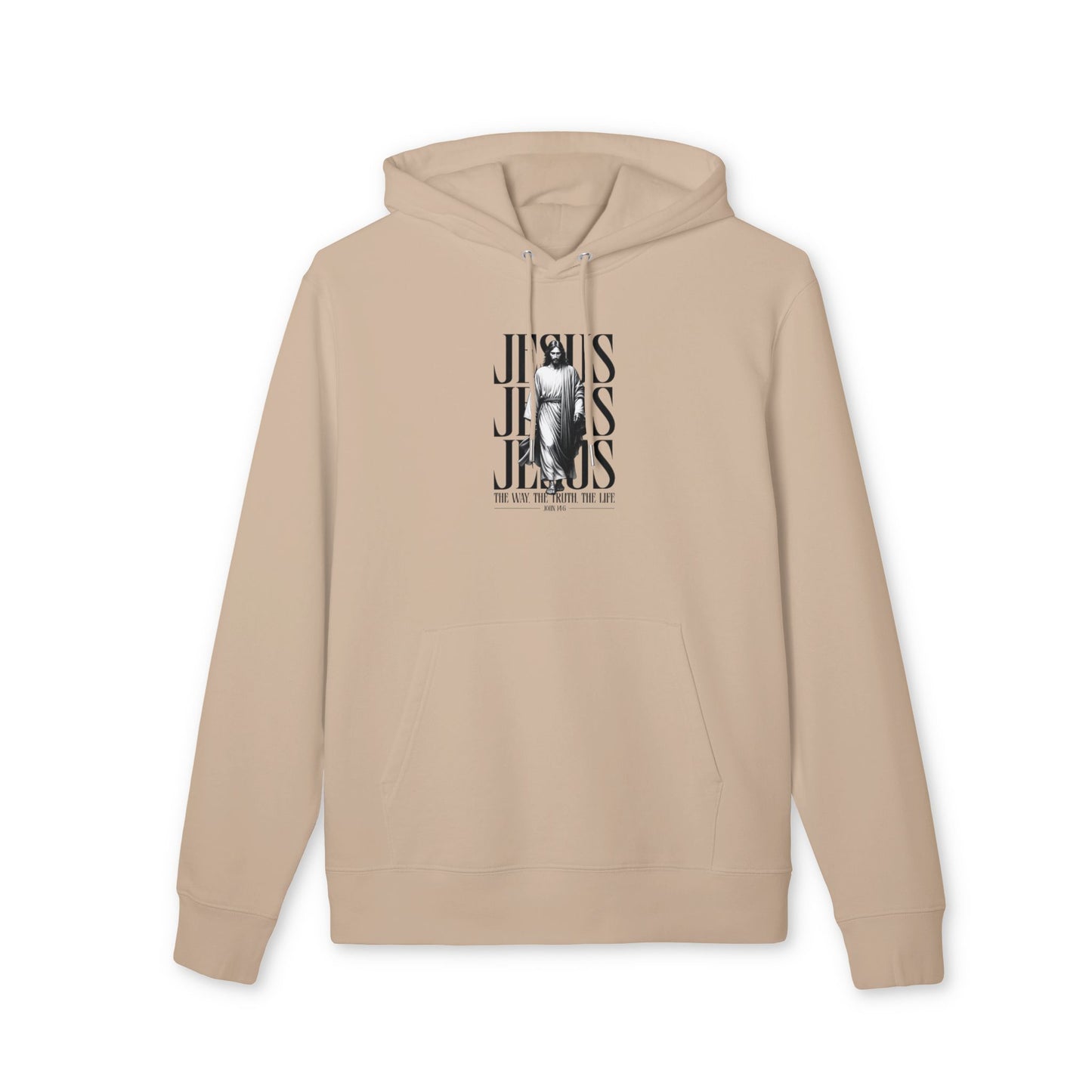 Jesus Portrait Hoodie — "Jesus" Typography Christian Pullover (The Way The Truth The Life)