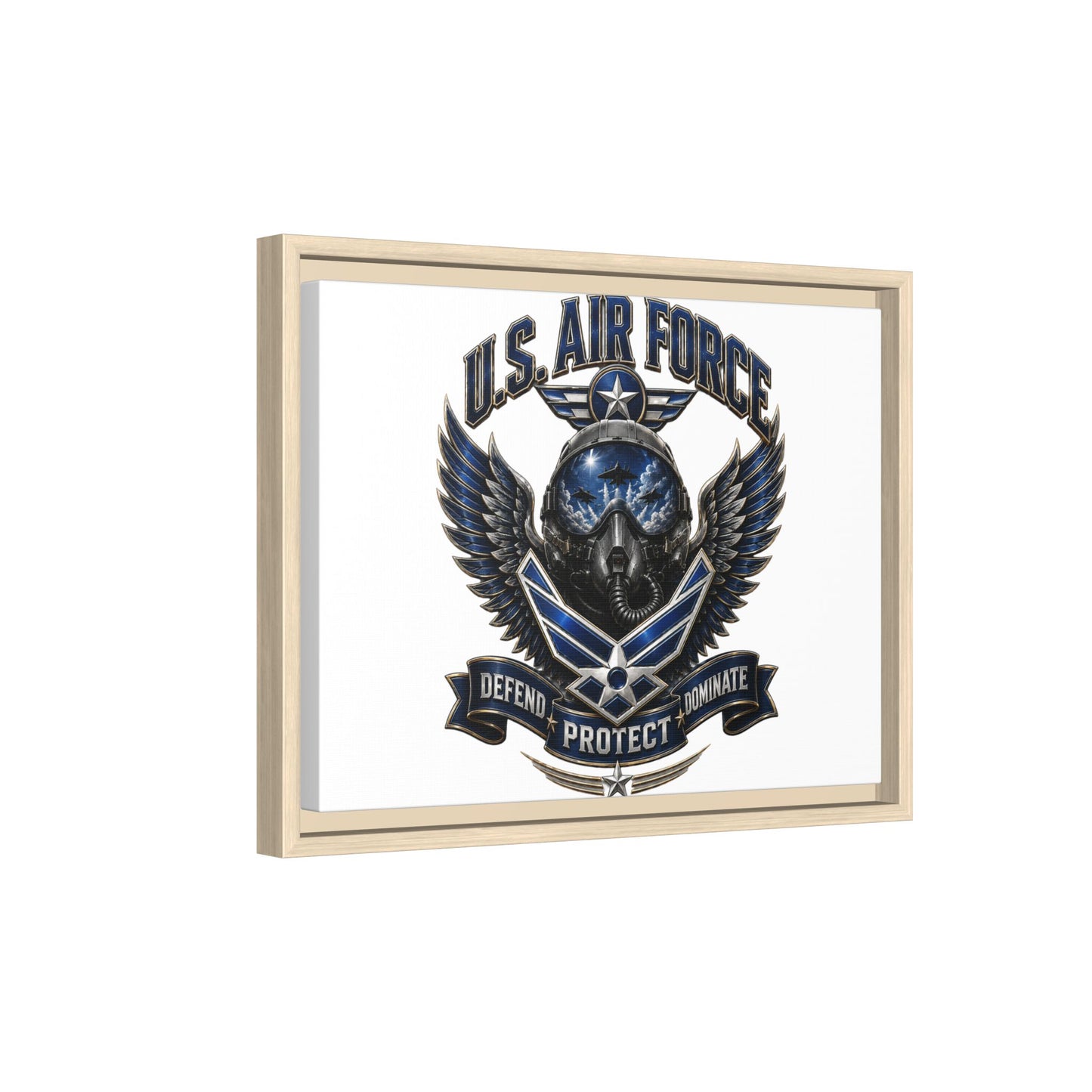U.S. Air Force Emblem Framed Canvas Print – "Defend Protect Dominate" Military Wall Art