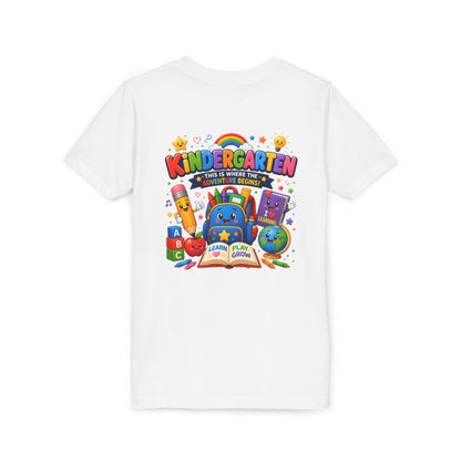 Kindergarten Kids T‑Shirt — 'Kindergarten: This Is Where the Fun Begins' Colorful Back-to-School Tee