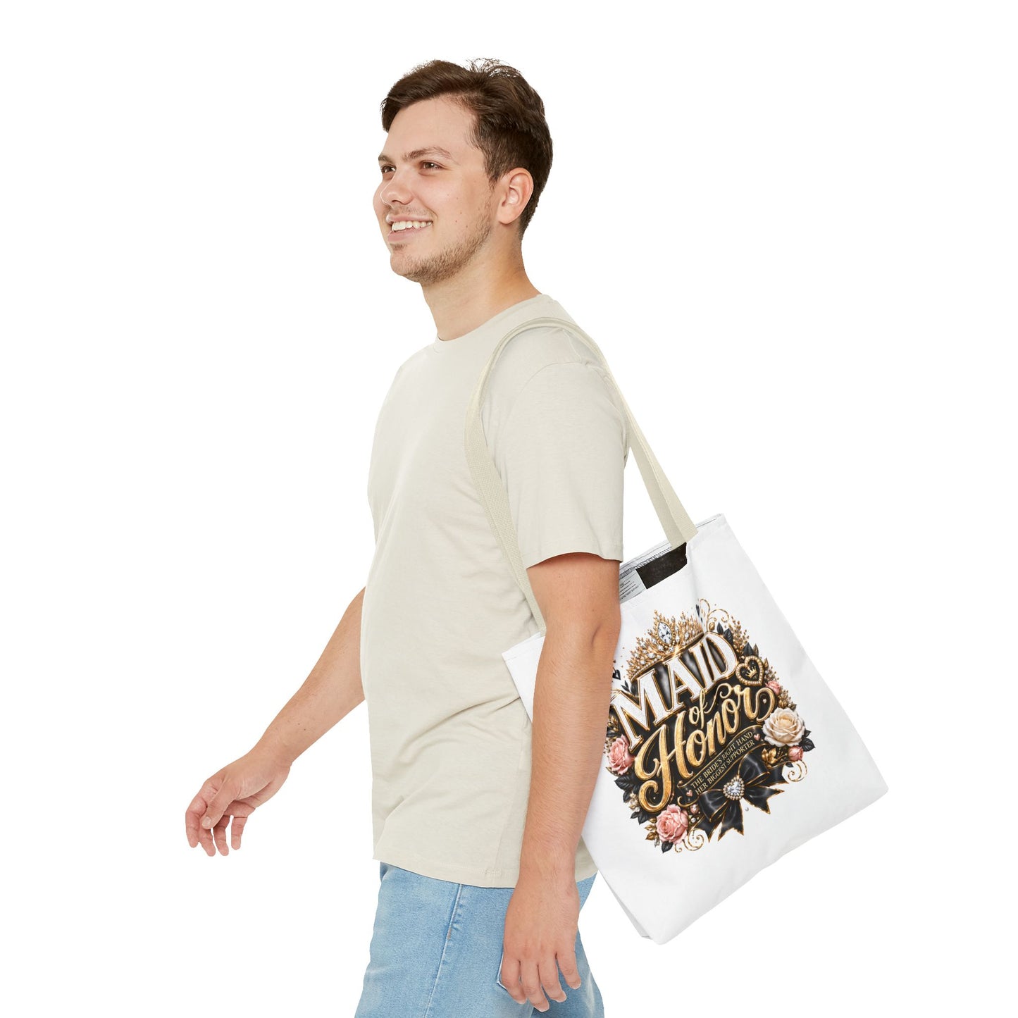 Maid of Honor Tote Bag — Elegant Bridal Party Gift with Gold Crown Floral Design