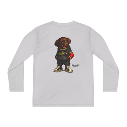 Kids Long Sleeve Tee — Brown Puppy Wearing 'Legacy' Hoodie Graphic