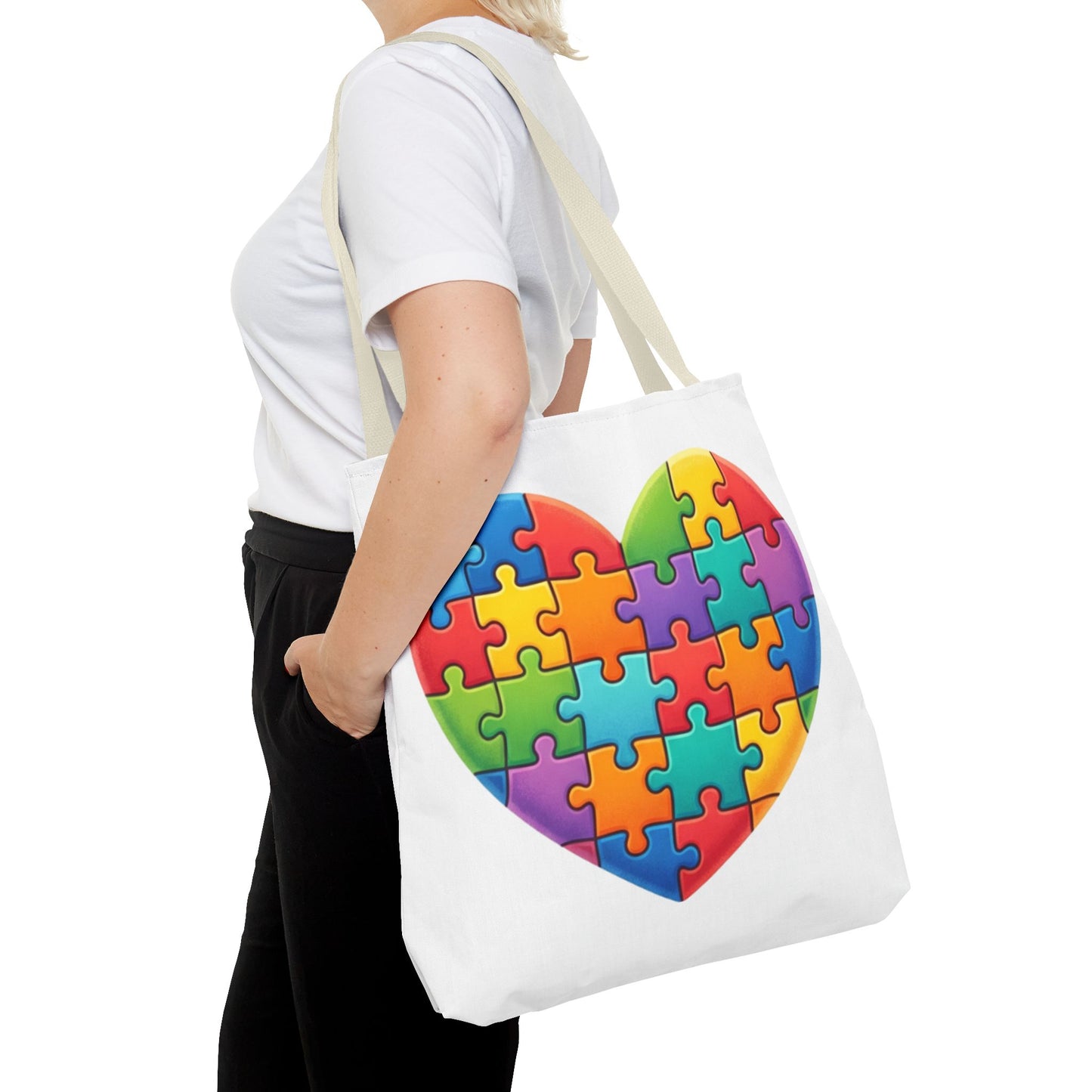 Autism Puzzle Heart Tote Bag - Colorful Awareness Canvas Tote