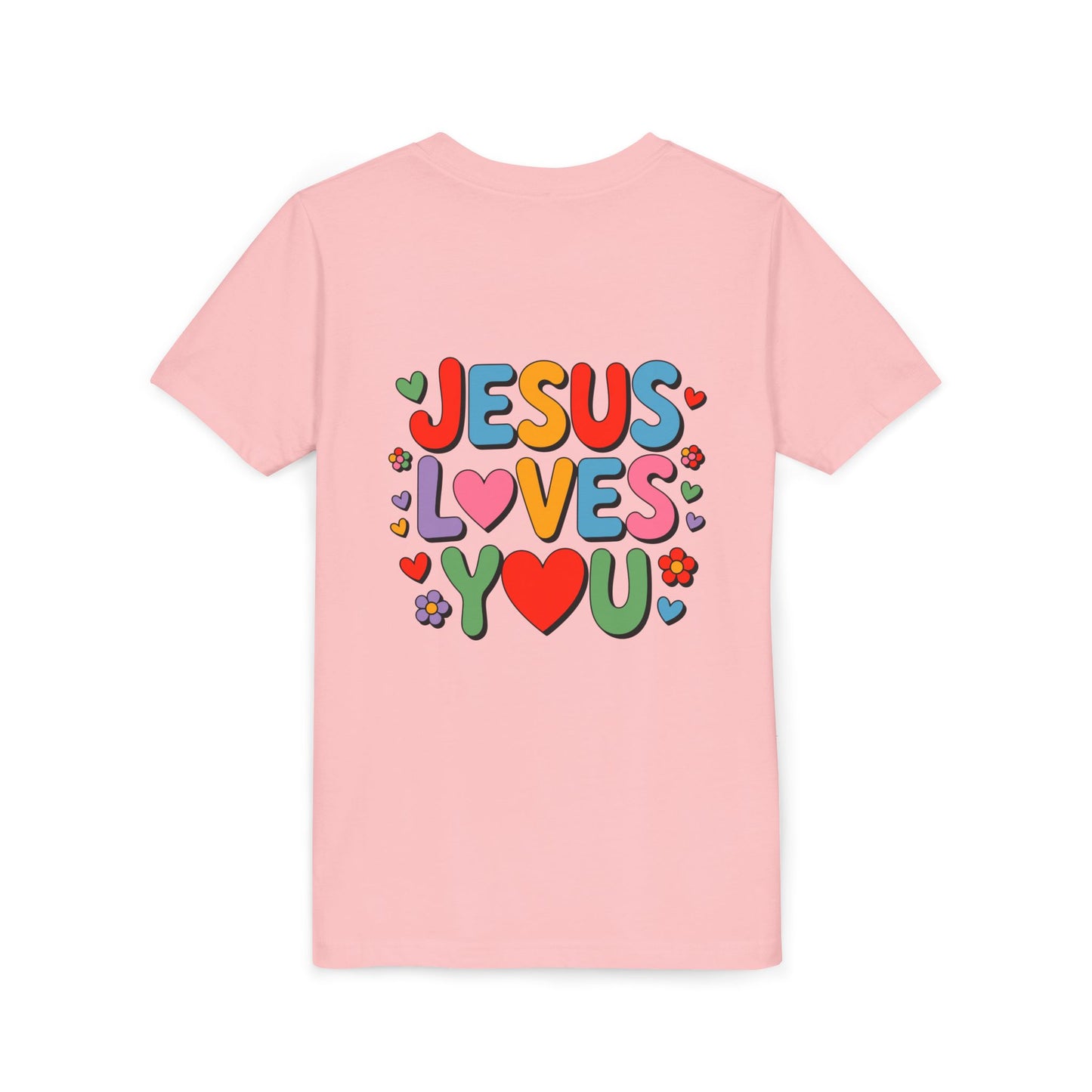 Youth Tee - "Jesus Loves You" Colorful Heart & Flower Christian Shirt