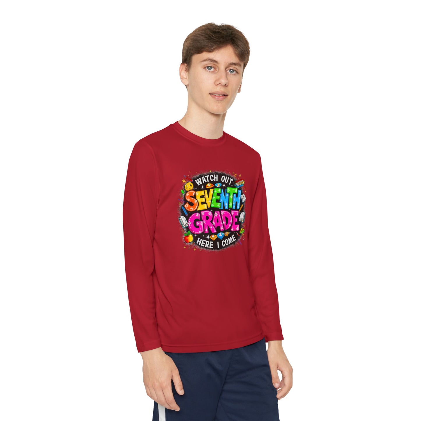 Seventh Grade Youth Long Sleeve Tee — "Watch Out Seventh Grade Here I Come" Back-to-School Shirt