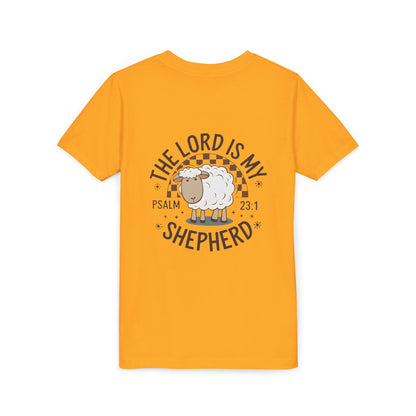 Youth Tee — "The Lord Is My Shepherd" Psalm 23:1 Christian Kids T‑Shirt (Sheep Design)