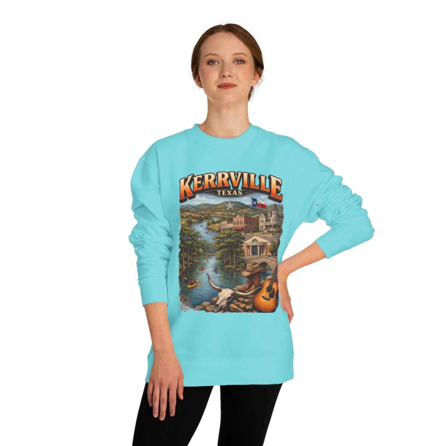Kerrville Texas Scenic Crewneck Sweatshirt — Riverfront Guitar Vintage Design