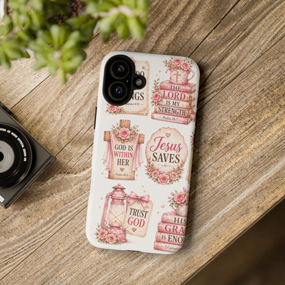Christian Phone Case — Jesus Saves Floral Tough Case with 'God Is Within Her' & 'Trust God' Design