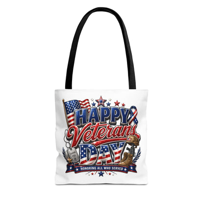 Veterans Day Tote Bag — "Happy Veterans Day" Patriotic All-Over Print