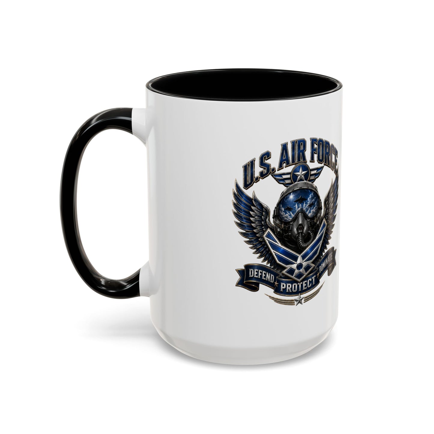 U.S. Air Force Emblem Accent Coffee Mug — Defend Protect Dominate (11/15oz)