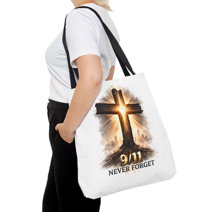 9/11 Never Forget Cross Memorial Tote Bag — Patriotic Remembrance Shopper