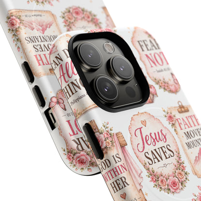 Christian Faith iPhone Tough Magnetic Case — 'Jesus Saves' Floral Scripture Design (Fear Not, Faith Moves Mountains)