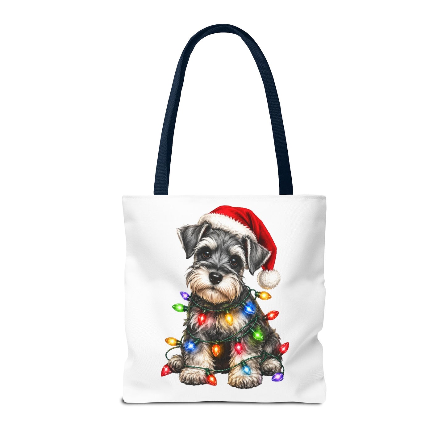 Christmas Schnauzer Tote Bag — Cute Puppy with Santa Hat & Holiday Lights
