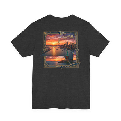 New York Sunset Skyline Tee — Statue of Liberty Vintage Travel T‑Shirt