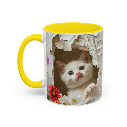Peek-A-Boo Kitten Accent Coffee Mug — Cute Cat Floral Design (11/15oz)