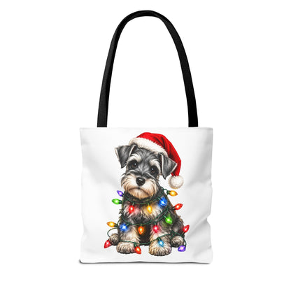 Christmas Schnauzer Tote Bag — Cute Puppy with Santa Hat & Holiday Lights