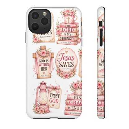 Christian Phone Case — Jesus Saves Floral Tough Case with 'God Is Within Her' & 'Trust God' Design