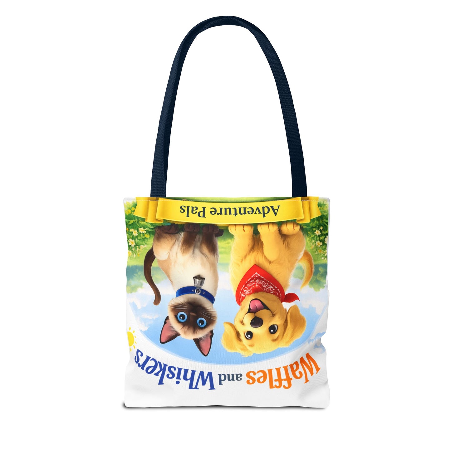 Waffles & Whiskers Adventure Pals Tote Bag — Cute Puppy and Kitten Kids Book Design