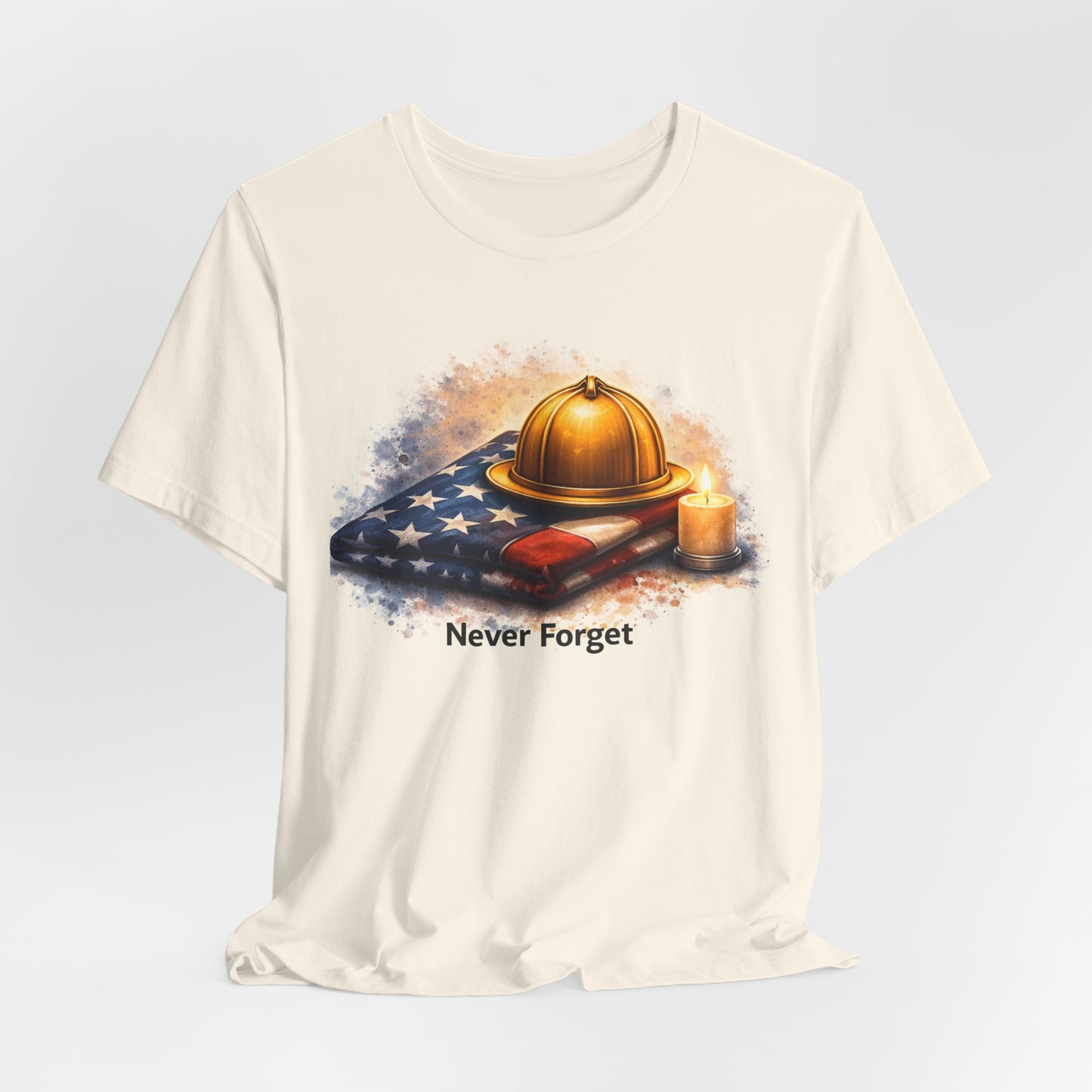 Never Forget Memorial T‑Shirt — Firefighter Helmet & Flag Tribute