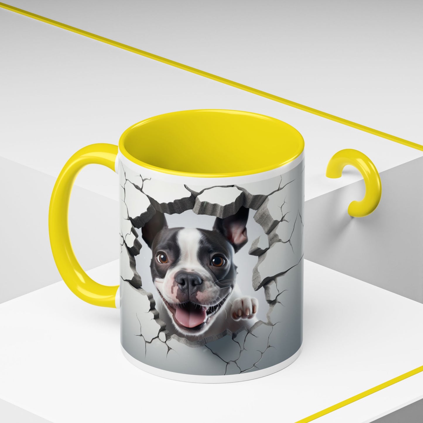 Coffee Mug — Happy Boston Terrier Breaking Through Design (Accent 11/15oz)