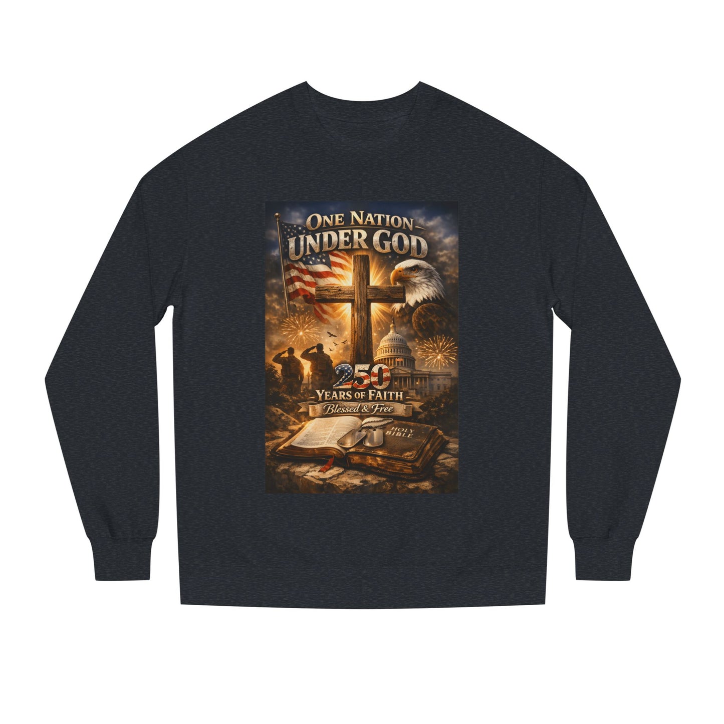 Patriotic Christian Sweatshirt — "One Nation Under God" 25 Years of Faith Crewneck