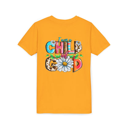 Youth Tee — "I Am a Child of God" Floral Christian Graphic