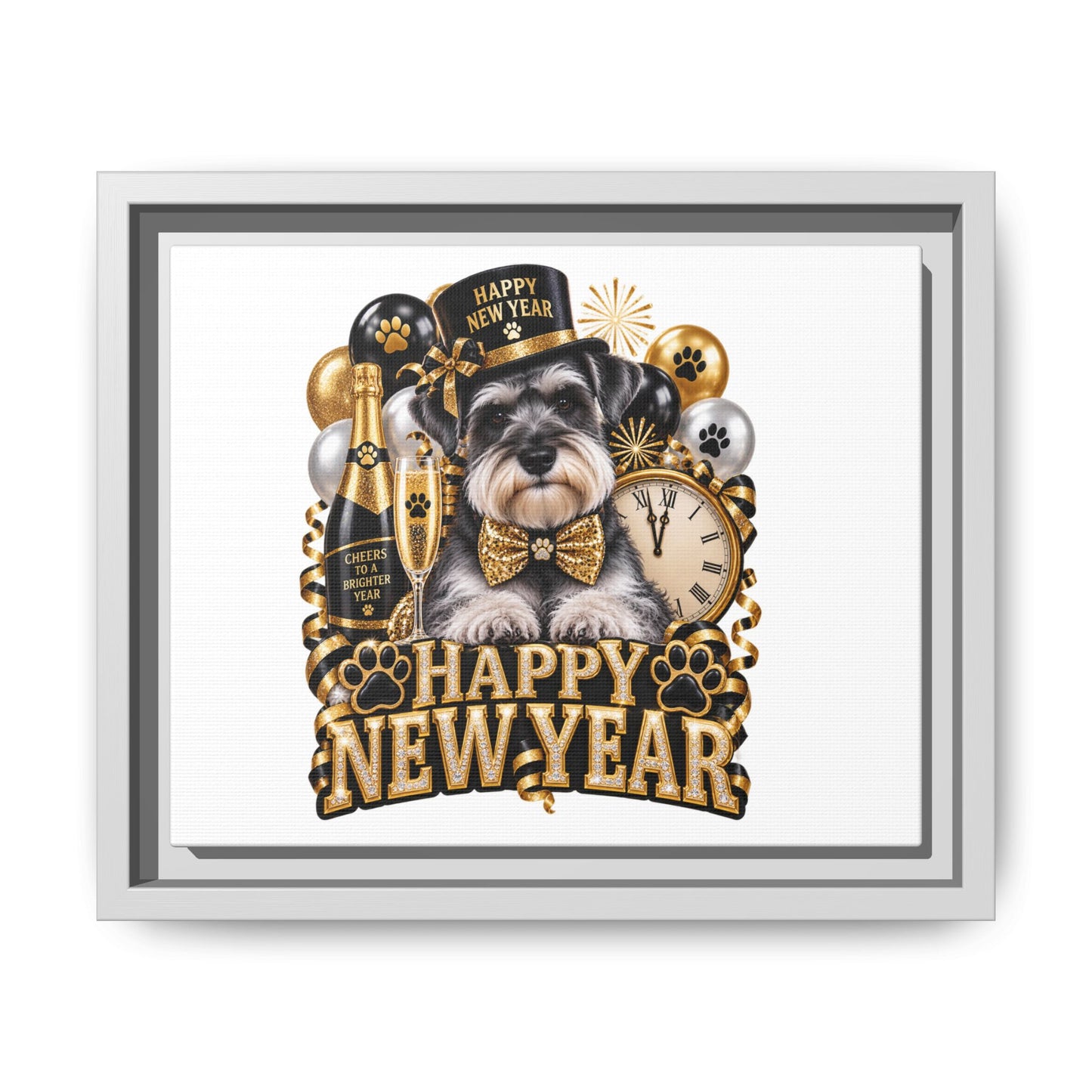Happy New Year Schnauzer Matte Canvas Framed Art