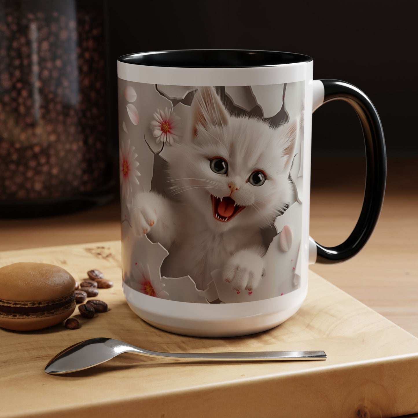 Cute Kitten Floral Accent Coffee Mug – Cat Lover Ceramic Mug (11/15oz)