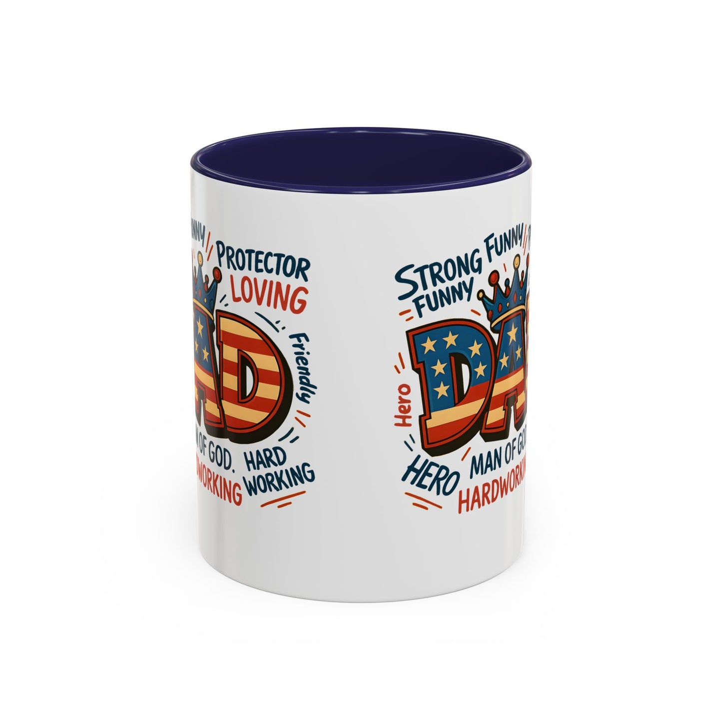 Dad Coffee Mug — Patriotic "DAD" Design with Loving, Hardworking, Protector Keywords (11/15oz Accent Mug)