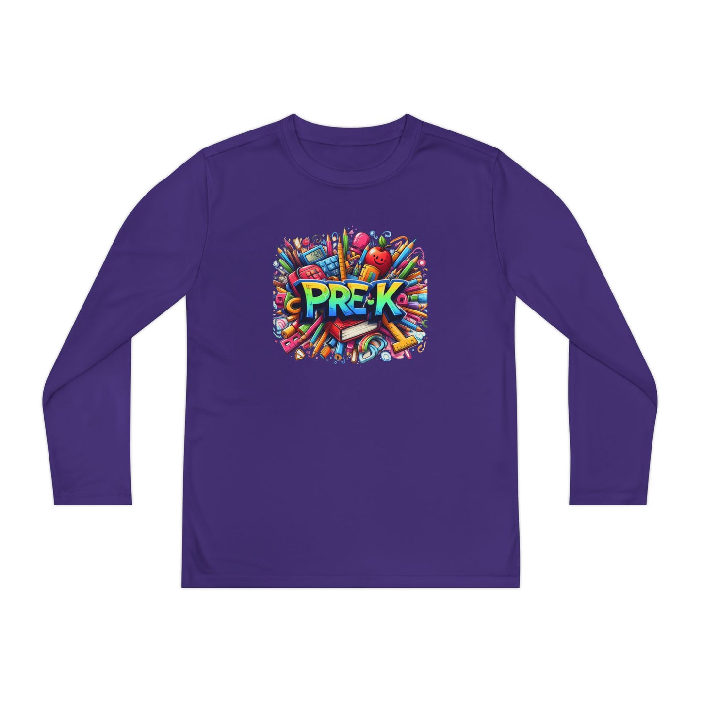 PRE-K Youth Long Sleeve Tee — Colorful School Supplies Design