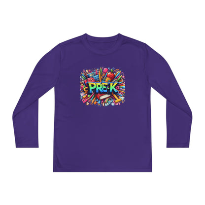 PRE-K Youth Long Sleeve Tee — Colorful School Supplies Design