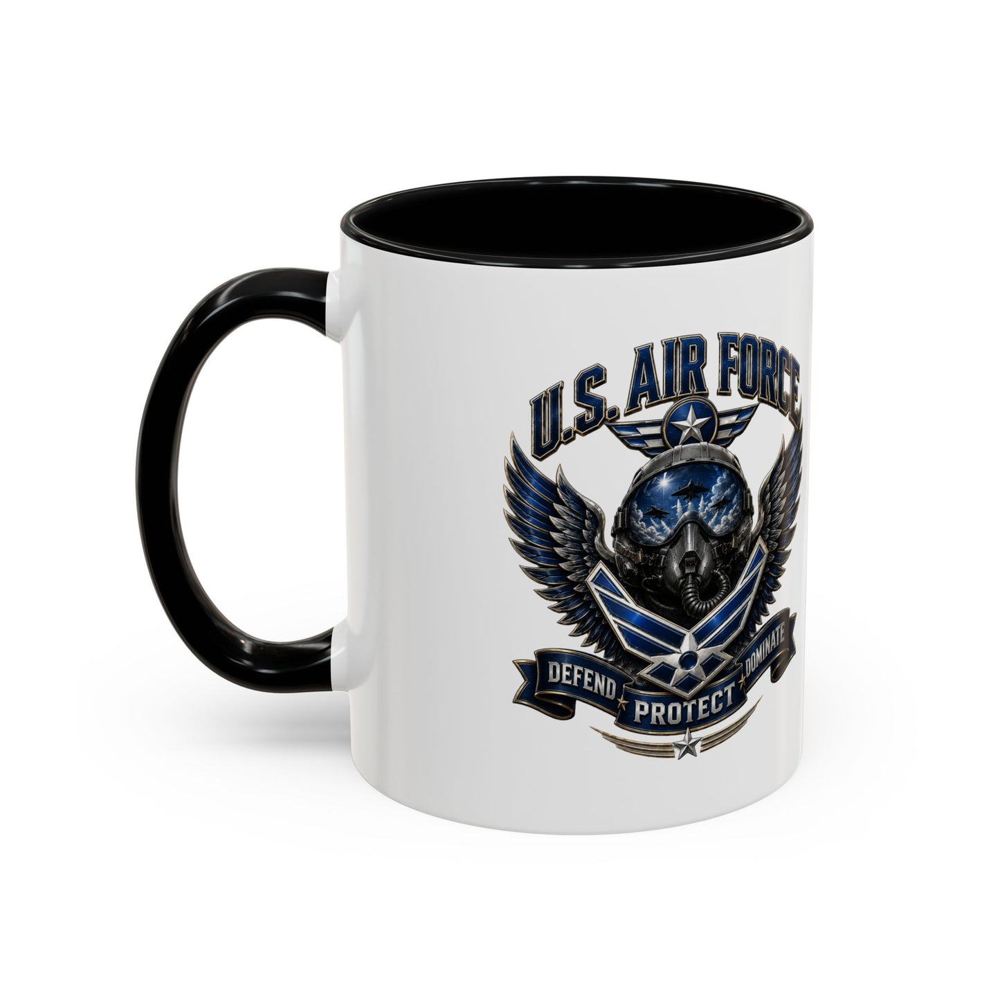 U.S. Air Force Emblem Accent Coffee Mug — Defend Protect Dominate (11/15oz)