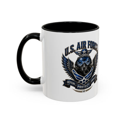 U.S. Air Force Emblem Accent Coffee Mug — Defend Protect Dominate (11/15oz)