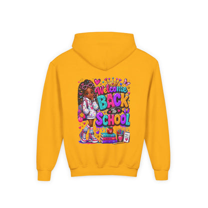 Welcome Back to School Youth Hoodie — Colorful Girl Backpack Design