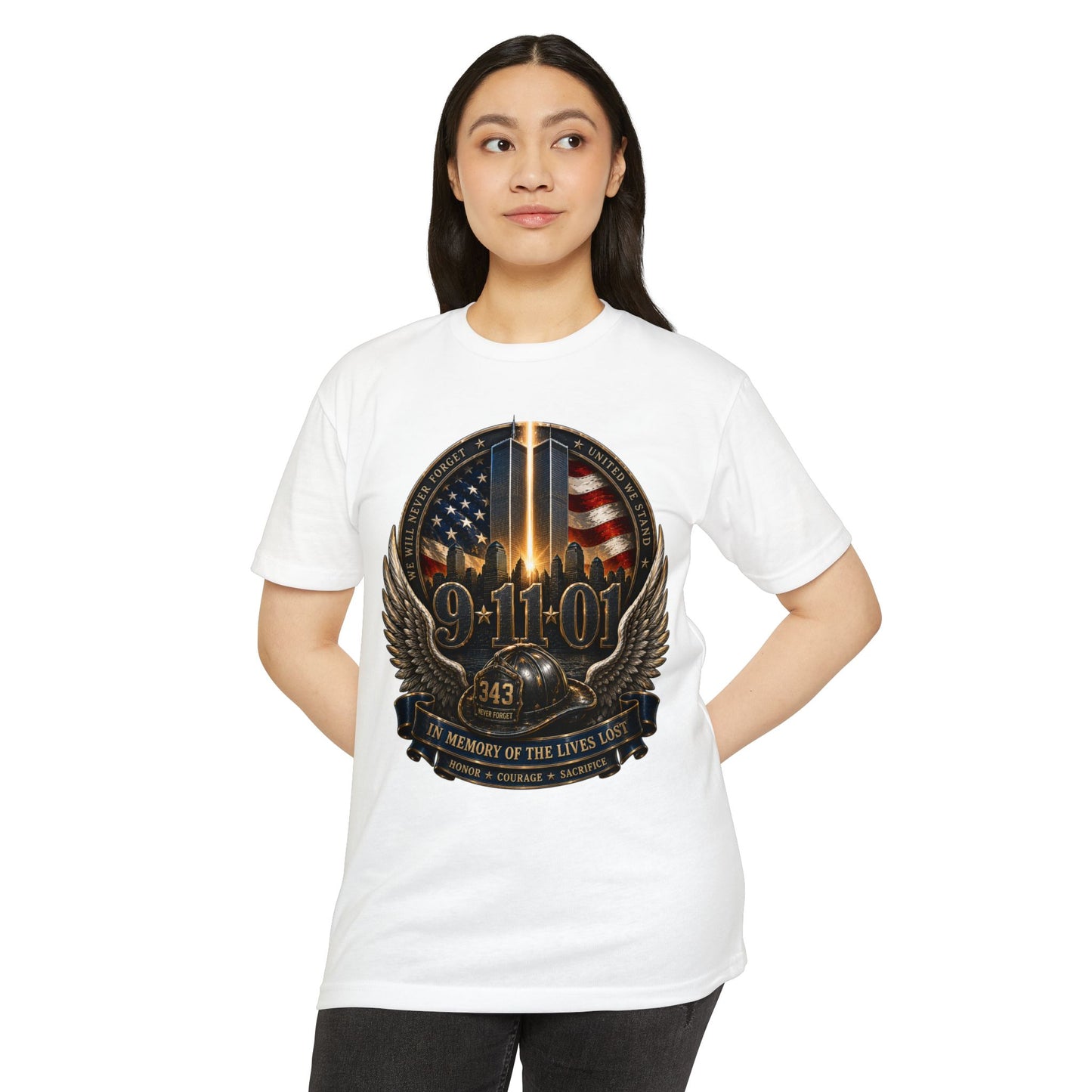 9/11 Memorial T-Shirt — In Memory of the Lives Lost Patriotic Firefighter Tribute