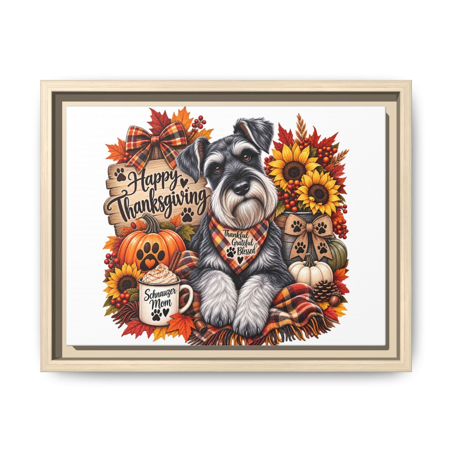 Happy Thanksgiving Schnauzer Framed Canvas — Autumn Dog Wall Art