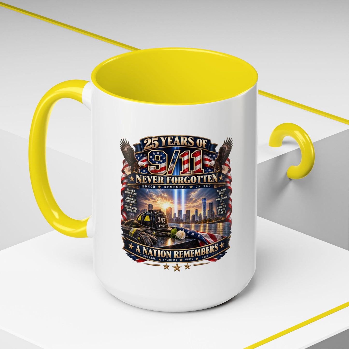 9/11 Memorial Coffee Mug — "25 Years of Never Forgotten" Patriot Tribute