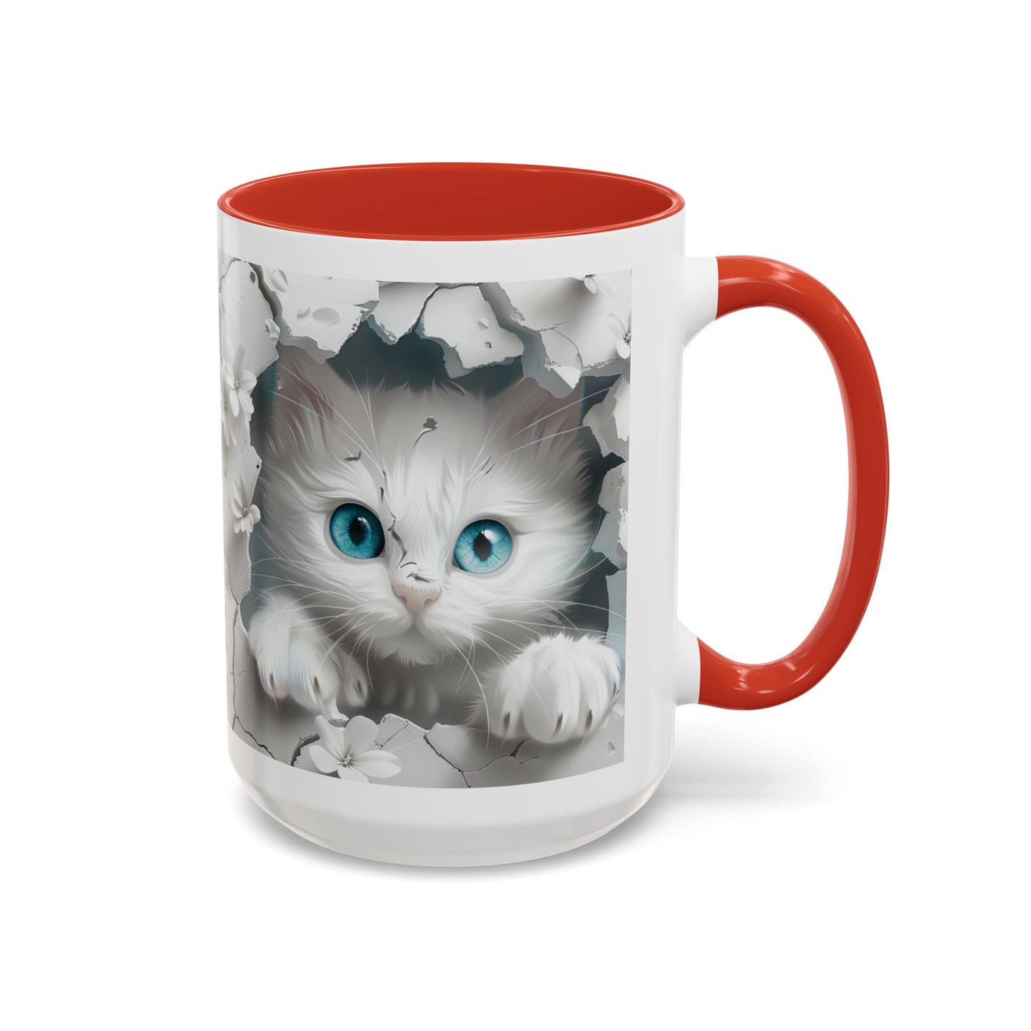 Cute Blue-Eyed Kitten Accent Coffee Mug – Floral Peekaboo Cat Design (11/15 oz)